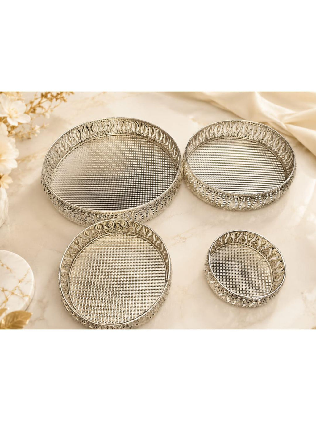 Decorative German Silver Tray Round Set of 4 Sets Designer Set Trays I Gifting Trays Set [Display for Home Wedding and Festive Decor Size 10 inch 8 inch 6 inch 4 inch