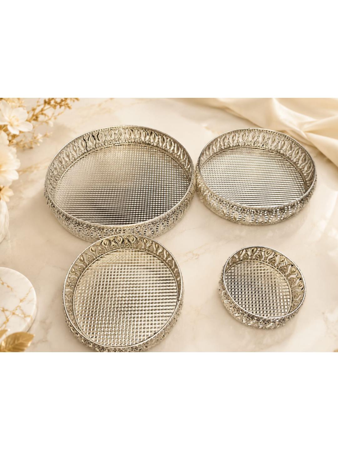 Decorative German Silver Tray Round Set of 4 Sets Designer Set Trays I Gifting Trays Set [Display for Home Wedding and Festive Decor Size 10 inch 8 inch 6 inch 4 inch
