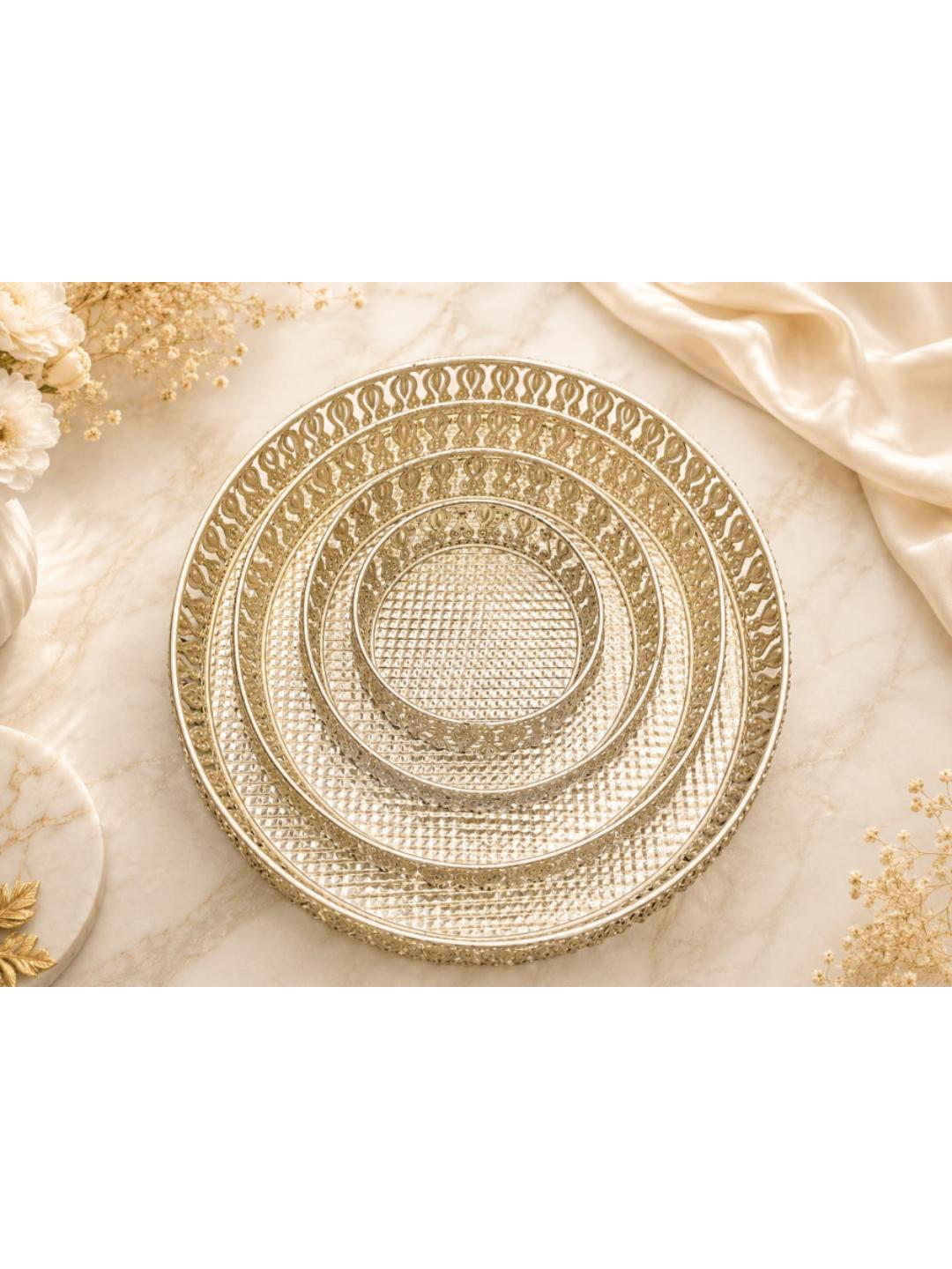 Decorative German Silver Tray Round Set of 4 Sets Designer Set Trays I Gifting Trays Set [Display for Home Wedding and Festive Decor Size 10 inch 8 inch 6 inch 4 inch