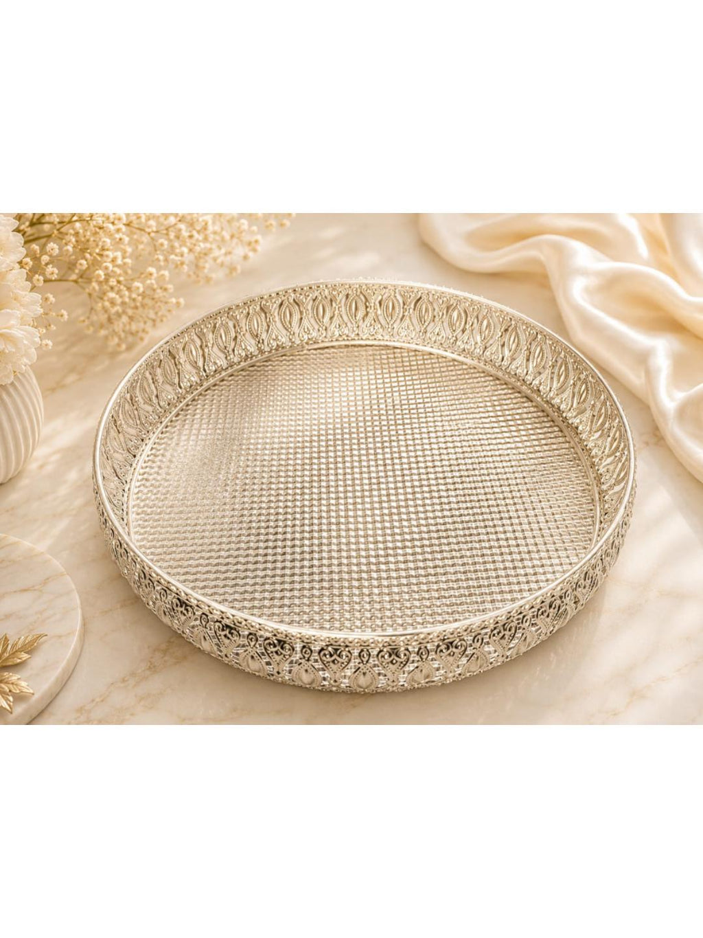 Decorative German Silver Tray Round Set of 4 Sets Designer Set Trays I Gifting Trays Set [Display for Home Wedding and Festive Decor Size 10 inch 8 inch 6 inch 4 inch