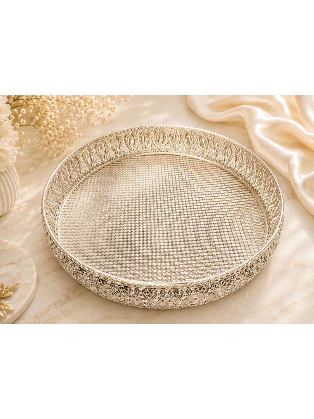 Decorative German Silver Tray Round Set of 4 Sets Designer Set Trays I Gifting Trays Set [Display for Home Wedding and Festive Decor Size 10 inch 8 inch 6 inch 4 inch