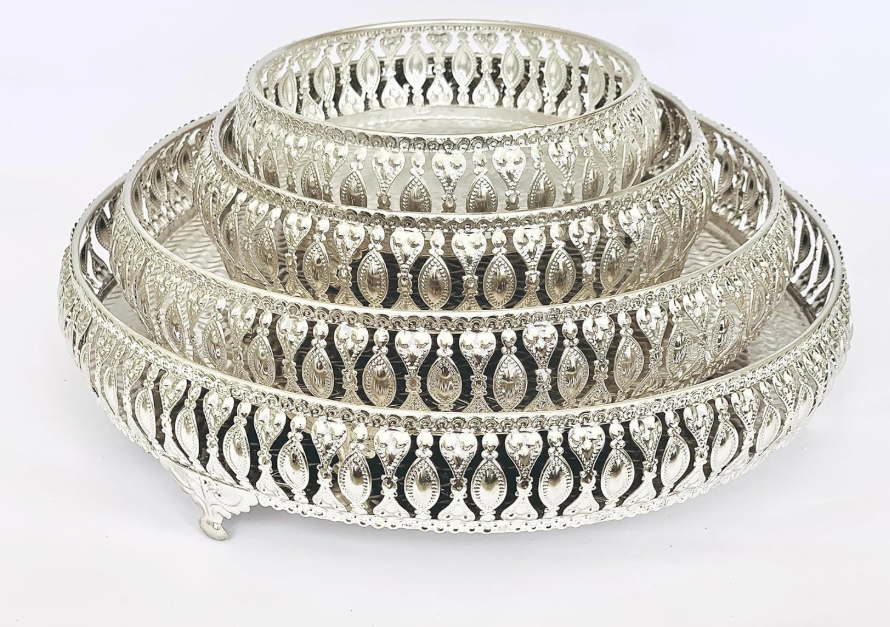 Decorative German Silver Tray Round Set of 4 Sets Designer Set Trays I Gifting Trays Set [Display for Home Wedding and Festive Decor Size 10 inch 8 inch 6 inch 4 inch